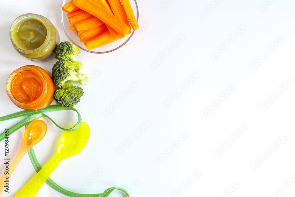 cooking vegetable puree for baby on white background top view