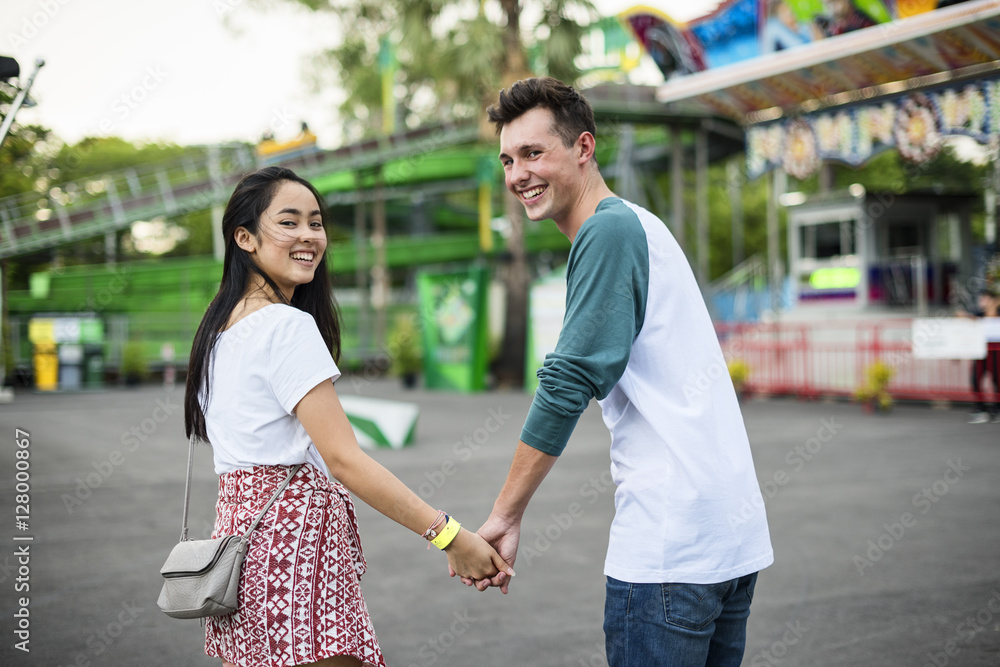 Couple Dating Amusement Park Funfair Festive Playful Happiness C