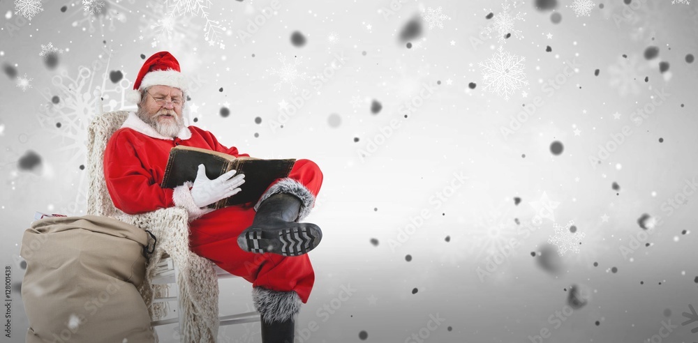 Composite image of santa claus reading bible with sack of christ