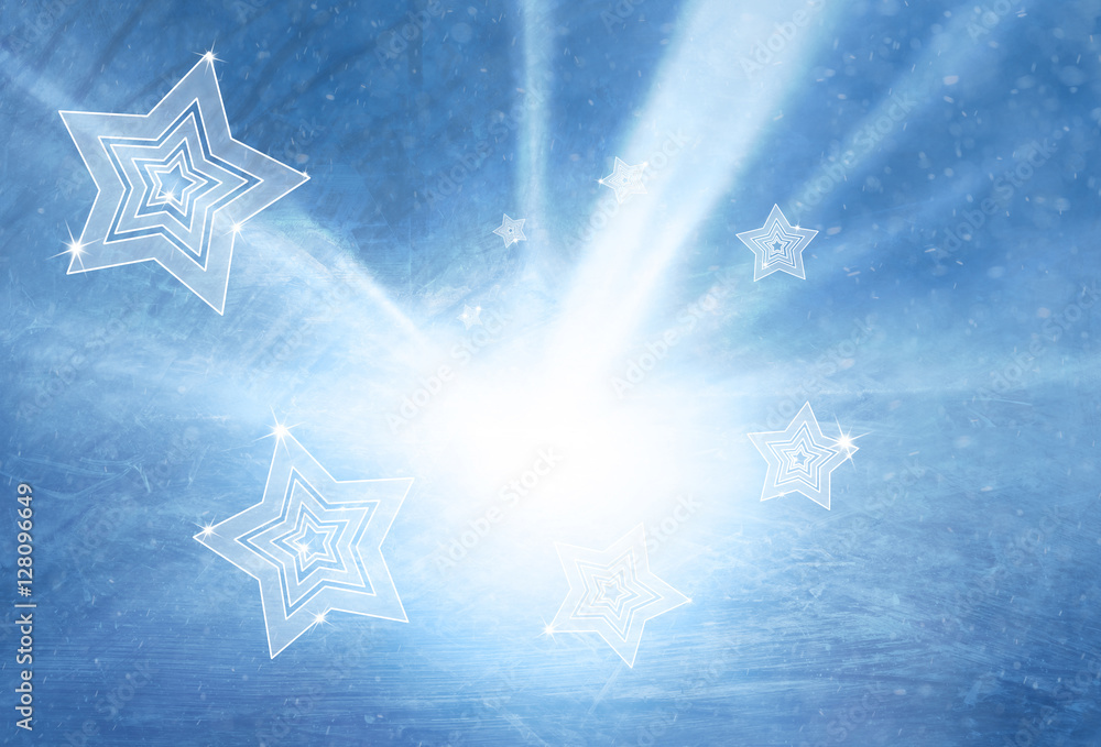 Lovely bright shiny ray light with spiral composed Christmas star shapes background. Abstract blurre