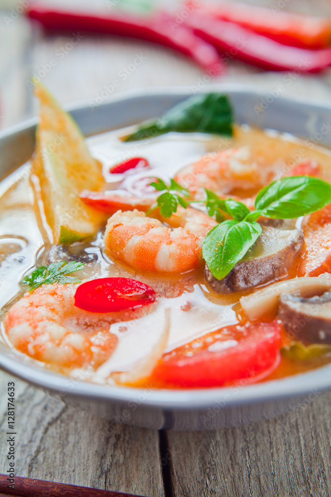 Tom Yum goong nam khon - ต้มยำกุ้งน้ำข -  famous Thai prawn soup.