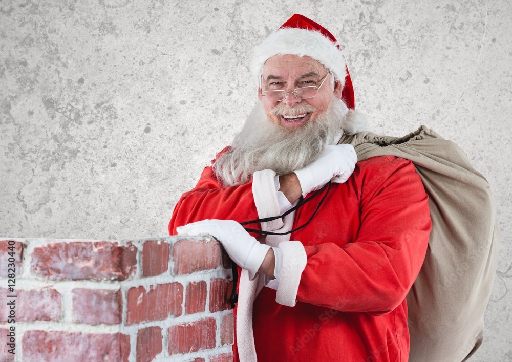 Cheerful santa claus carrying gift bag