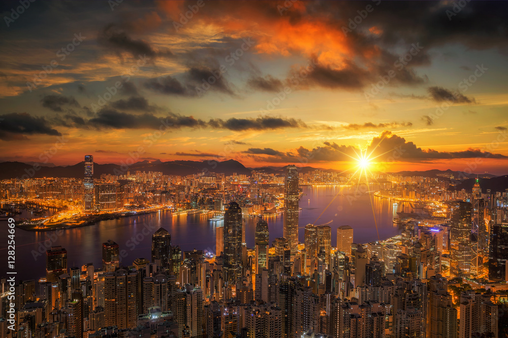 Sunrise over Victoria Harbor as viewed atop Victoria Peak