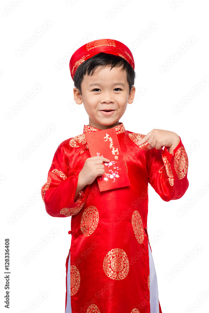 Little Vietnamese boy holding red envelops for Tet. The word mea