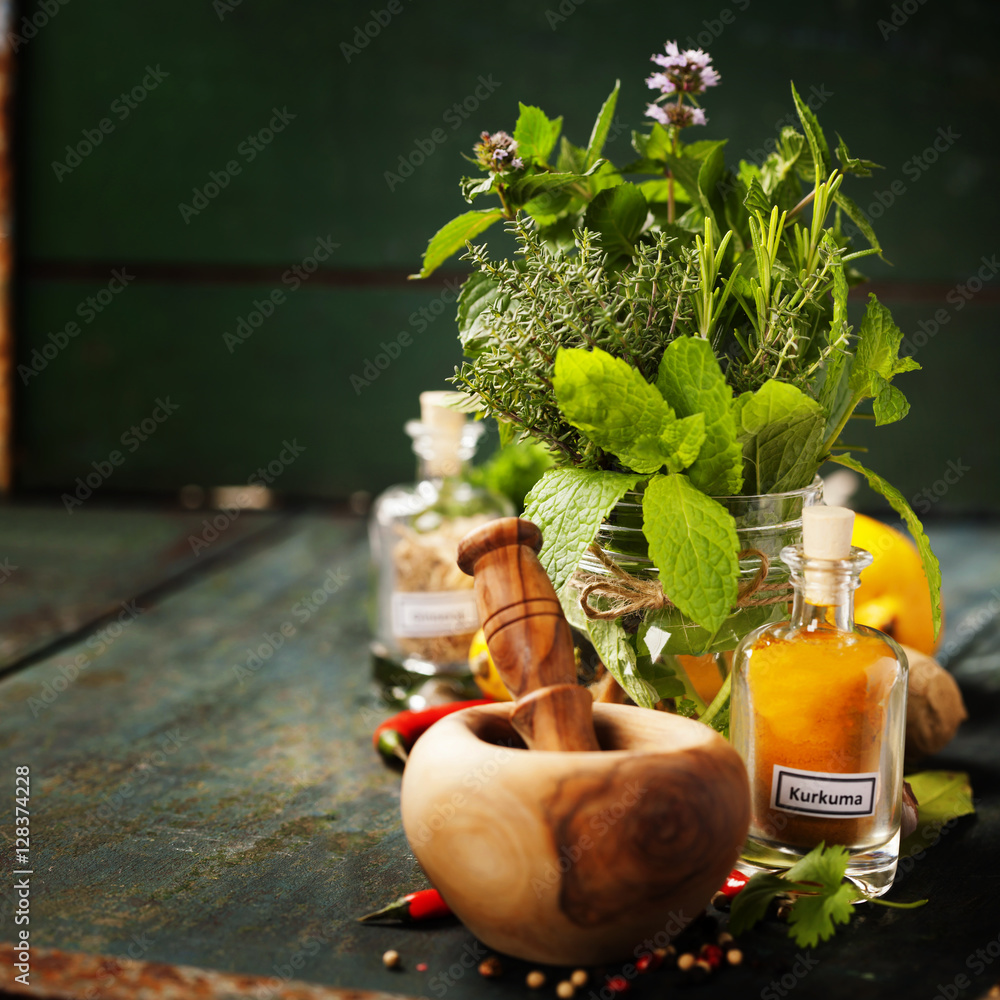 Herbs and spices with Mortar and Pestle