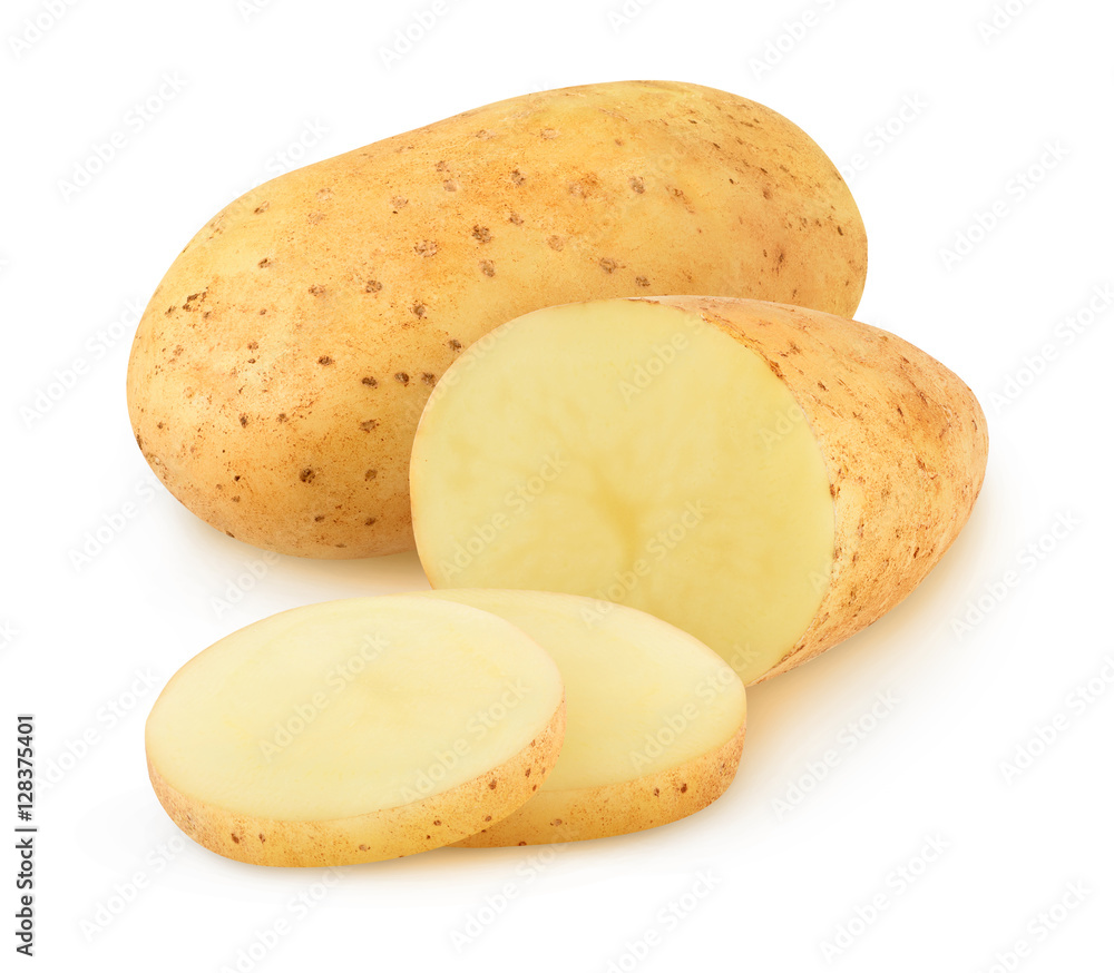 Isolated potatoes. Cut raw potato vegetables isolated on white background with clipping path