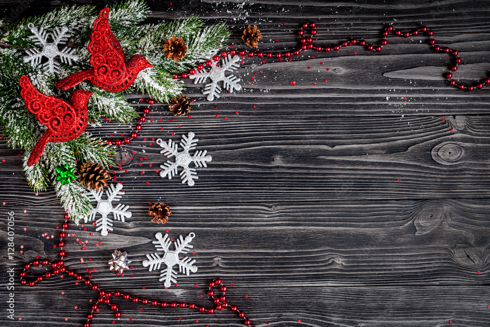 Christmas decorations New Year on dark wooden background top view