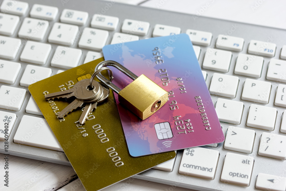 Credit cards on the keyboard with lock close up