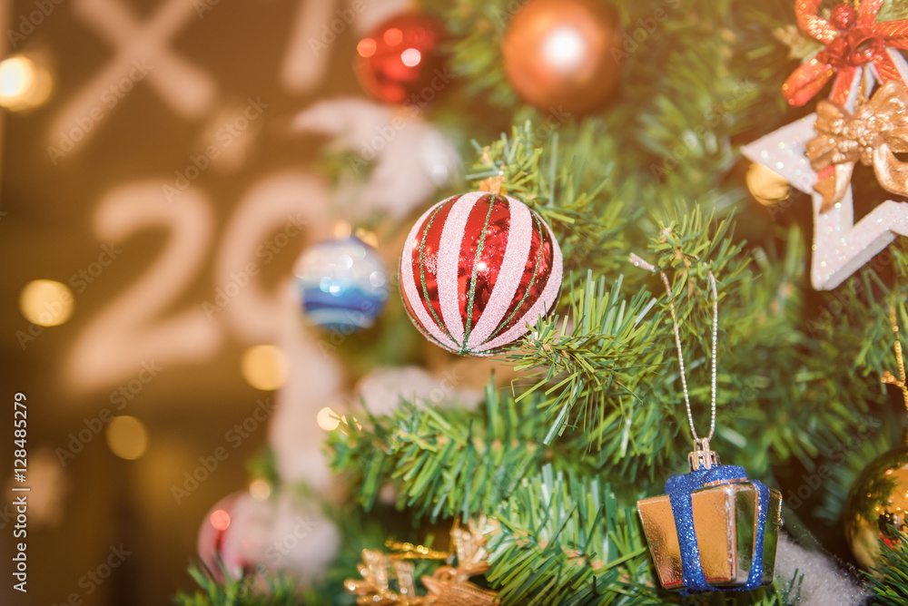 Decorated Christmas tree on blurred background