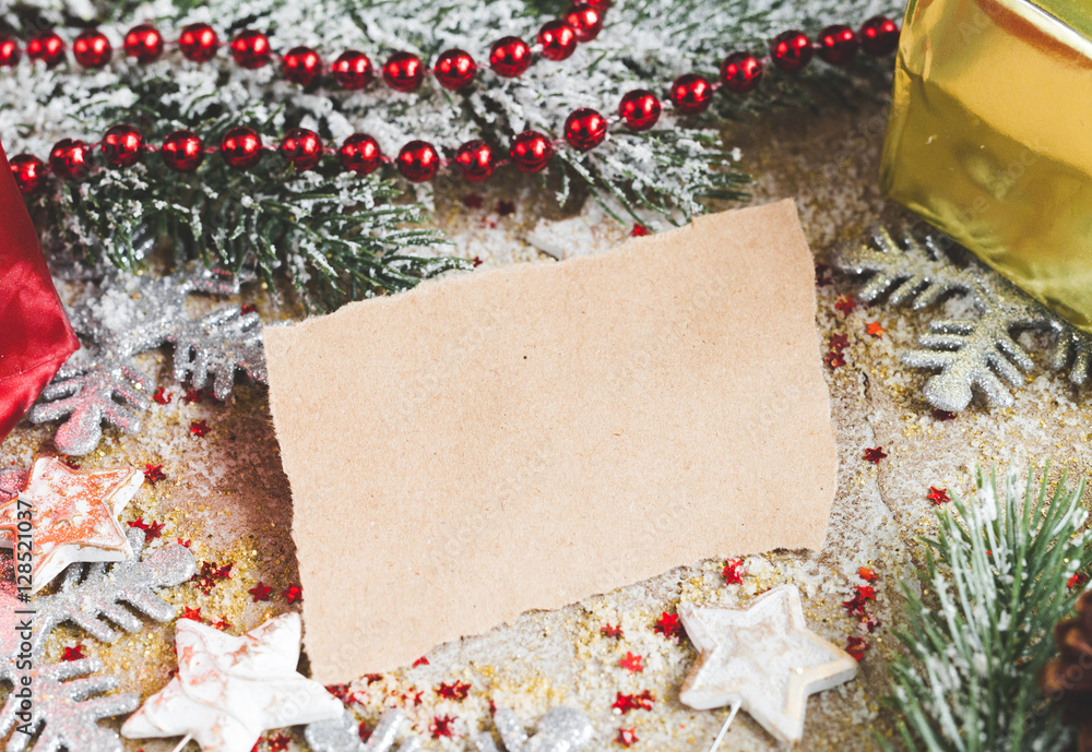 kraft paper and christmas tree decorations close up