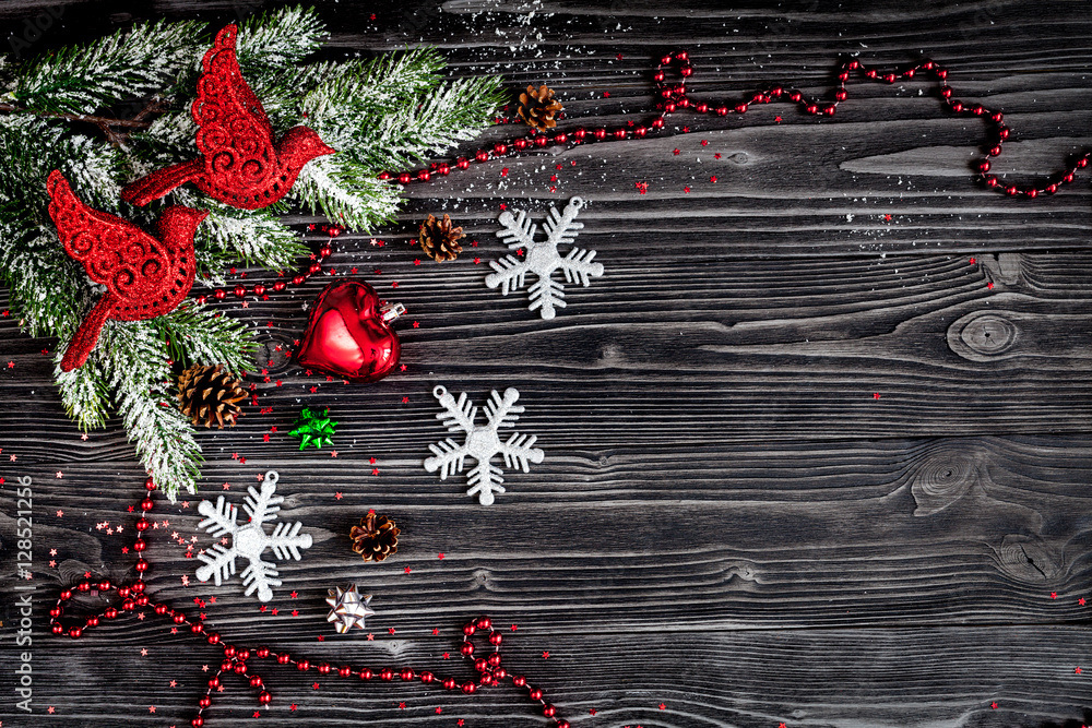 Christmas decorations New Year on dark wooden background top view