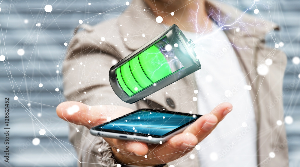 Man holding 3D render battery with lightning over his phone