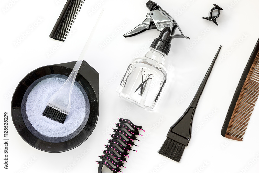 Tools for hair dye and hairdye top view white background