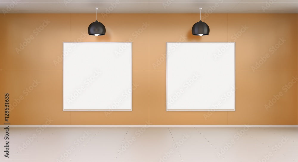 Two white blanks canvas on a wall 3D rendering