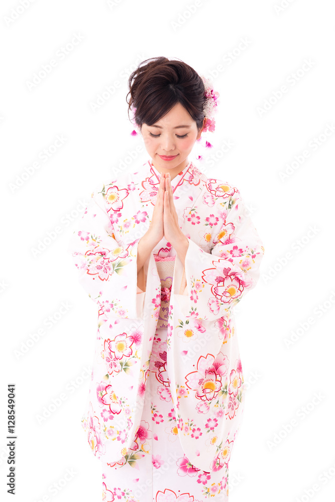 attractive asian woman wearing kimono isolated on white background