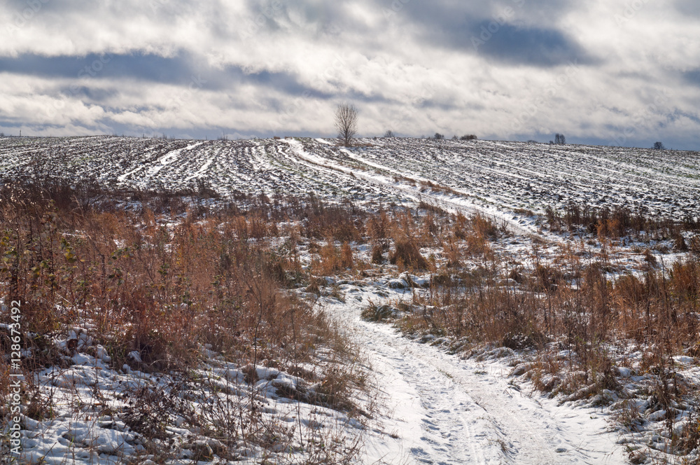 Track covered with the first snow leaving afar across the field.