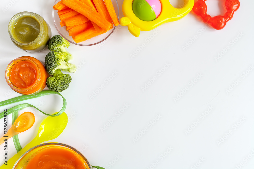 cooking vegetable puree for baby on white background top view