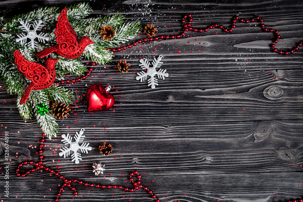 Christmas decorations New Year on dark wooden background top view