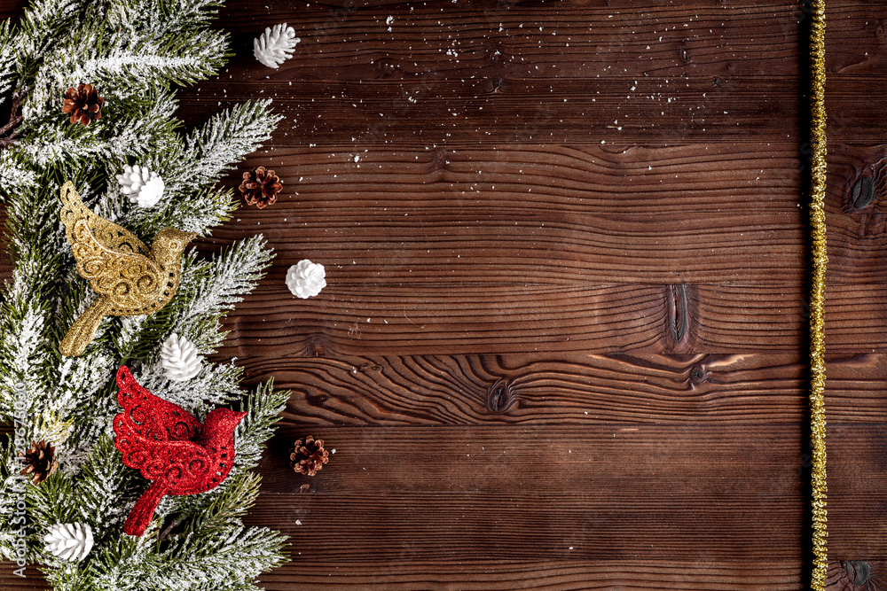 Christmas decorations New Year on dark wooden background top view