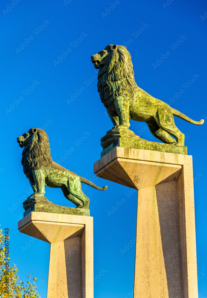 Lion statues at the Stone Bridge in Zaragoza, Spain