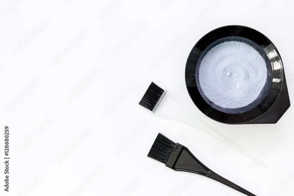 Tools for hair dye and hairdye top view white background