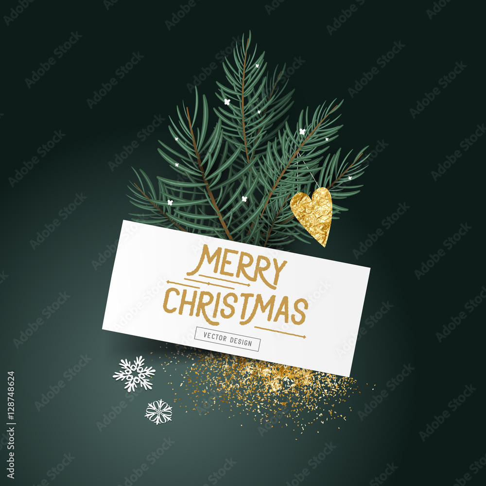 Festive Pine leaves and Decor.Christmas tree leaves with a label sign and seasonal decorations - vec