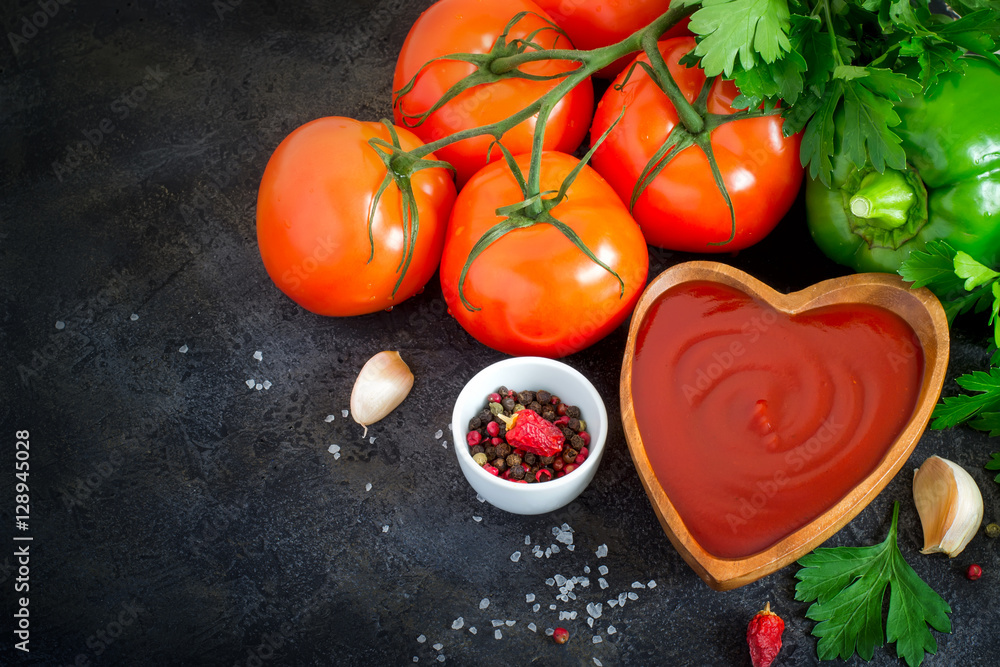 Tomato ketchup sauce with garlic, spices and herbs