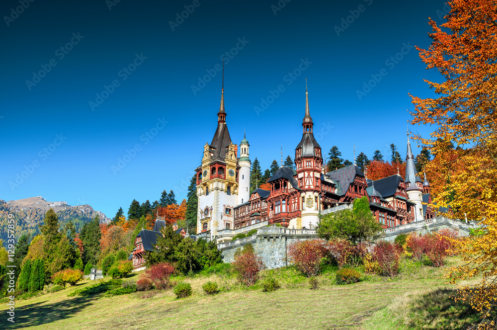 Amazing ornamental garden and royal castle,Peles,Sinaia,Transylvania,Romania,Europe