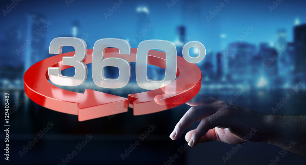 Man touching 360 degree 3D render icon with his finger