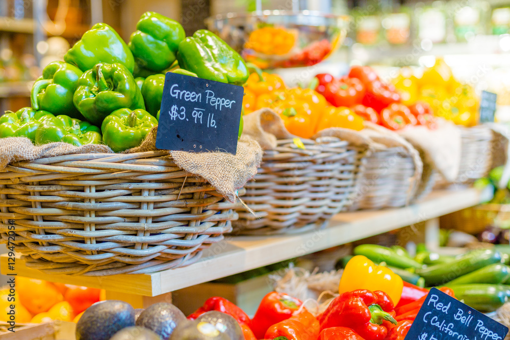 Detail of classic exhibitors with peppers of different types and colors of local commerce, in a mode