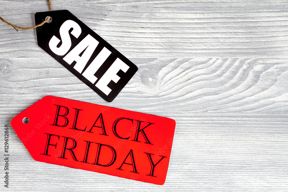 concept black friday on wooden background top view