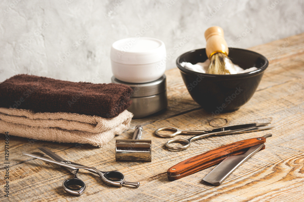 Wooden desktop with tools for shaving