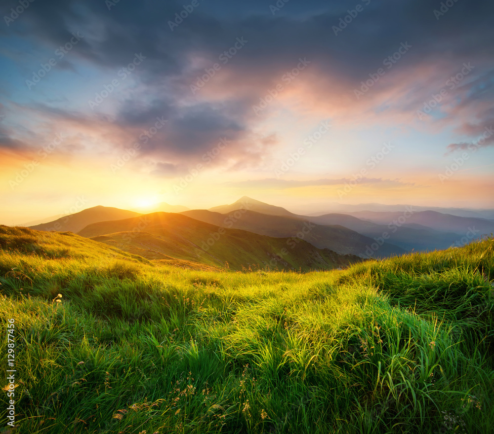 Mountains during sunset. Beautiful natural landscape in the summer time..