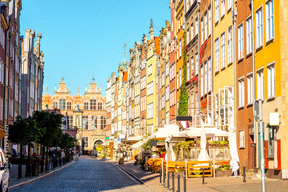 Street view with Great Armory building in the old town of Gdansk, Poland