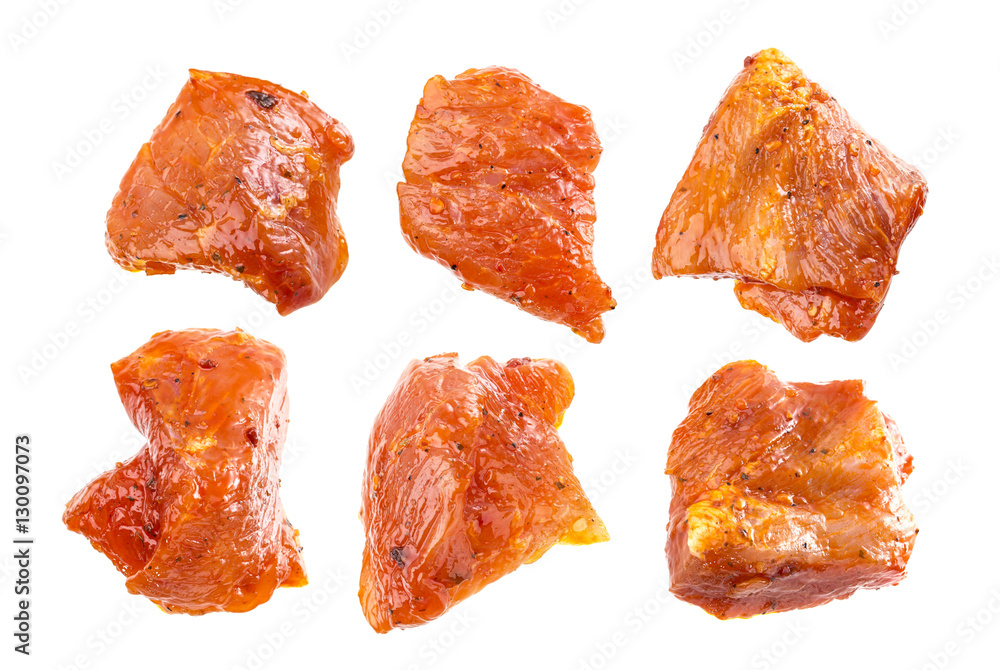 Pieces of raw pork isolated on white background, with clipping path