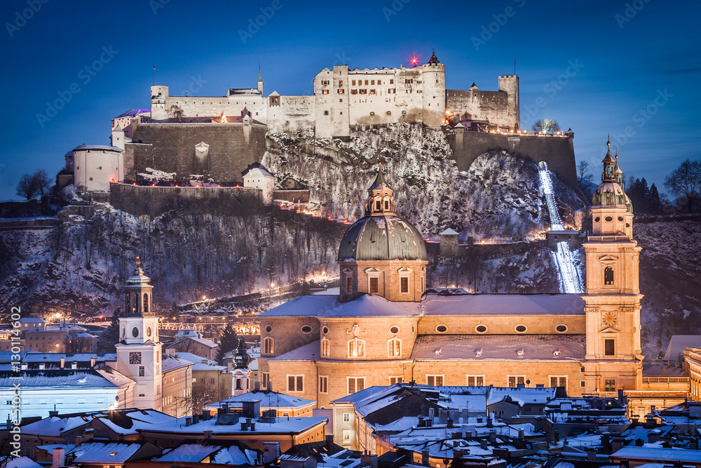 Classic view of Salzburg at Christmas time in winter, Austria