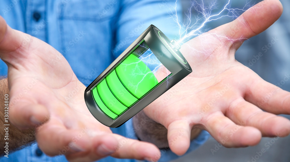 Man holding 3D render battery with lightning in his hand