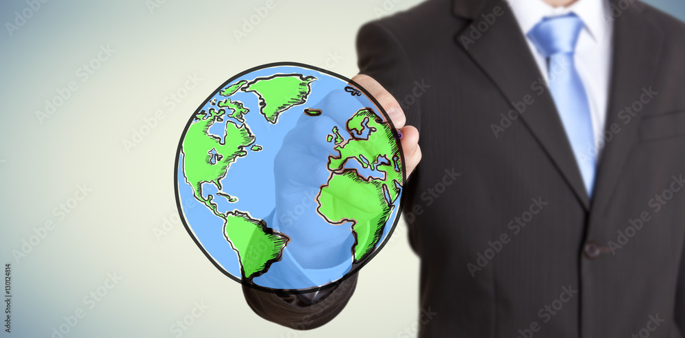 Businessman holding hand drawn planet earth