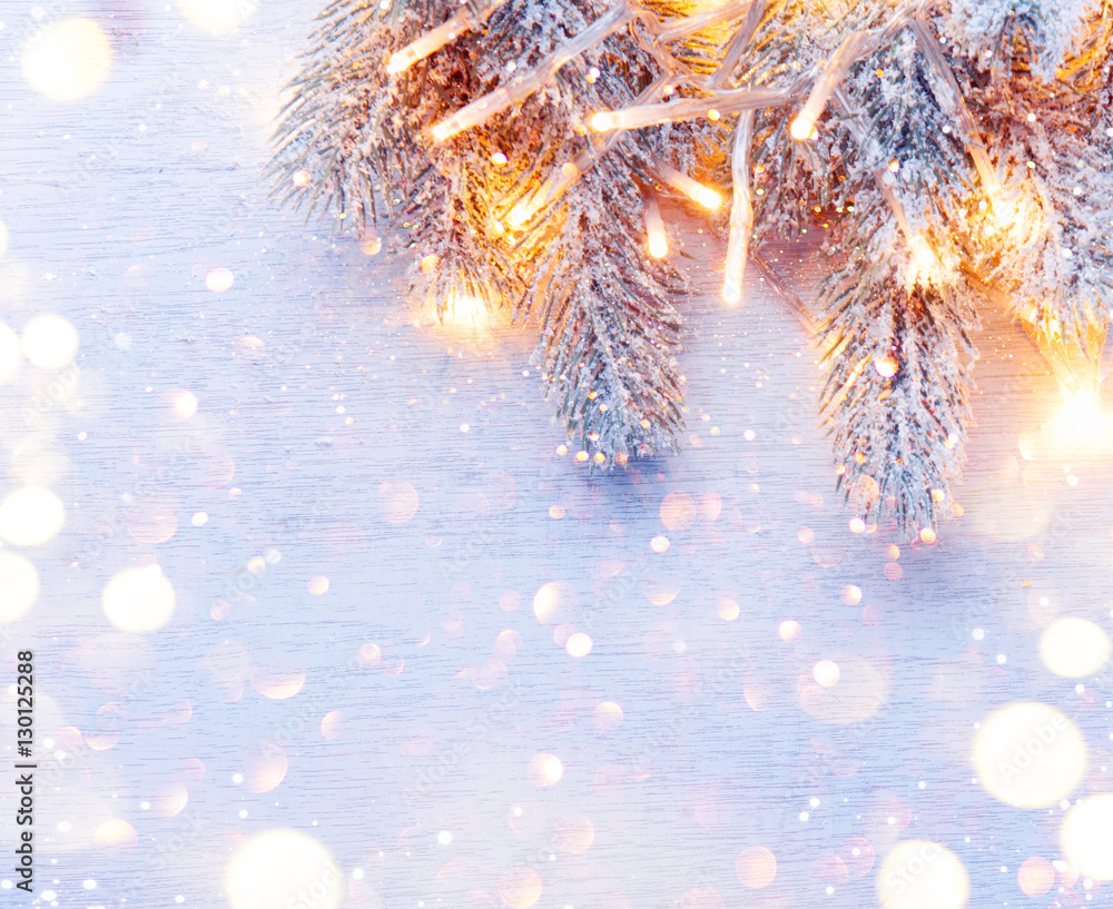 Christmas decoration holiday tree over white wood background