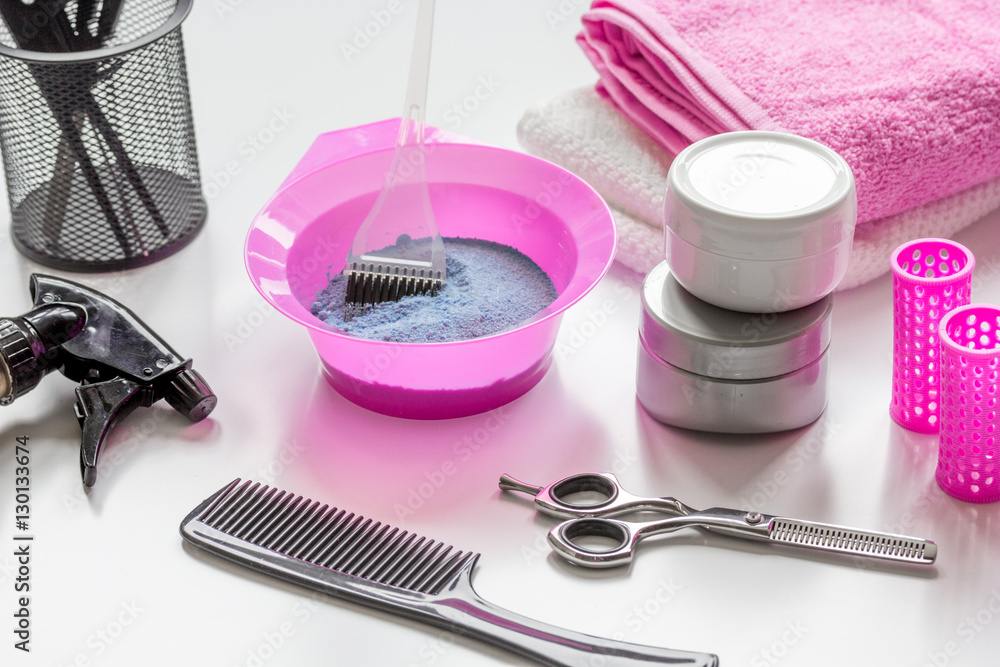 hairdresser working desk preparation for hair dyeing