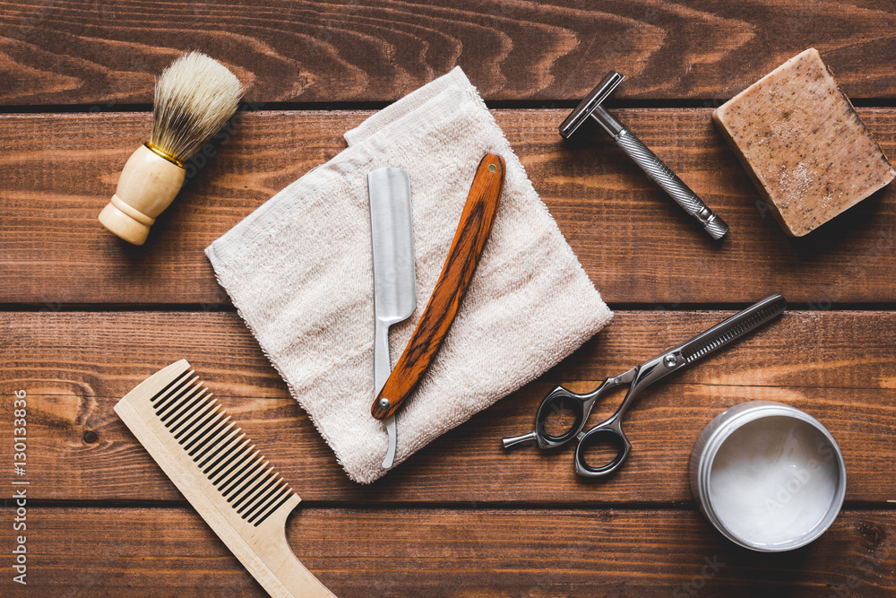 Tools for cutting beard barbershop top view