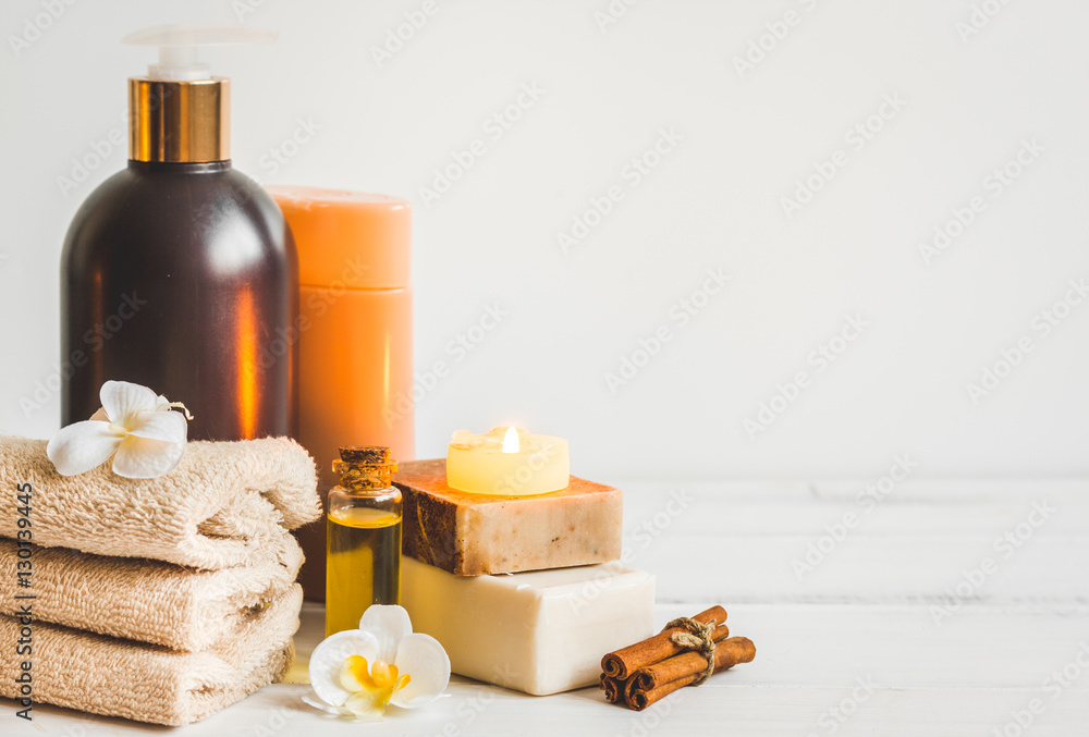 Preparation for spa treatments on white background