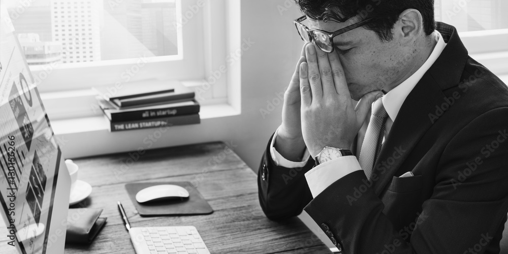 Business Man Frustrated Tired Office Desk Concept