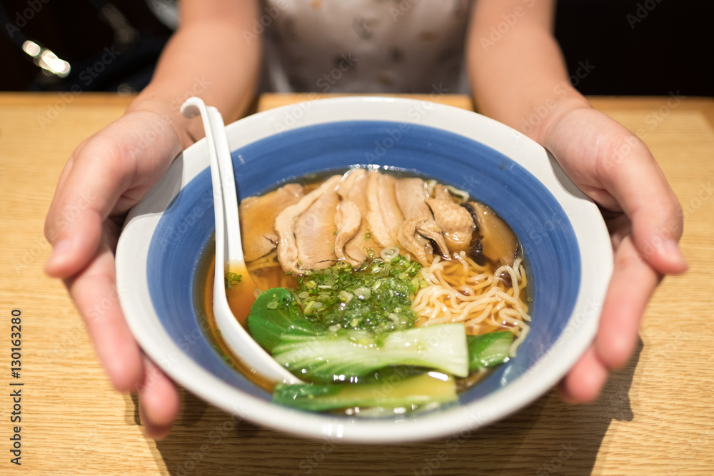 Soy bean soup Ramen with duck meat slice in bowl. Japanese food.