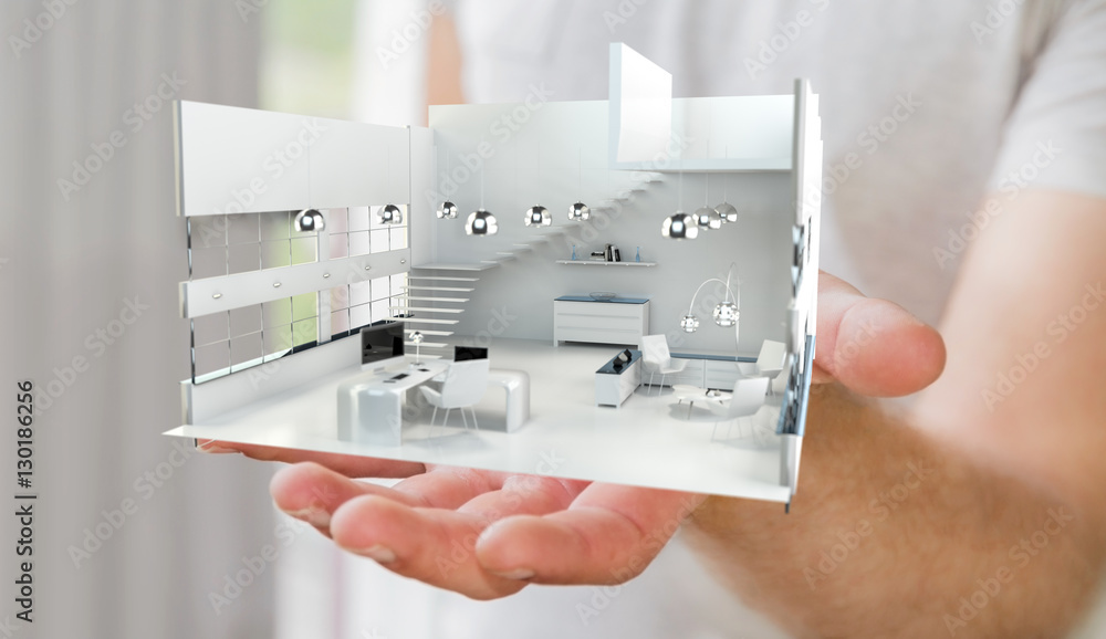 Businessman holding white 3D rendering apartment in his hand