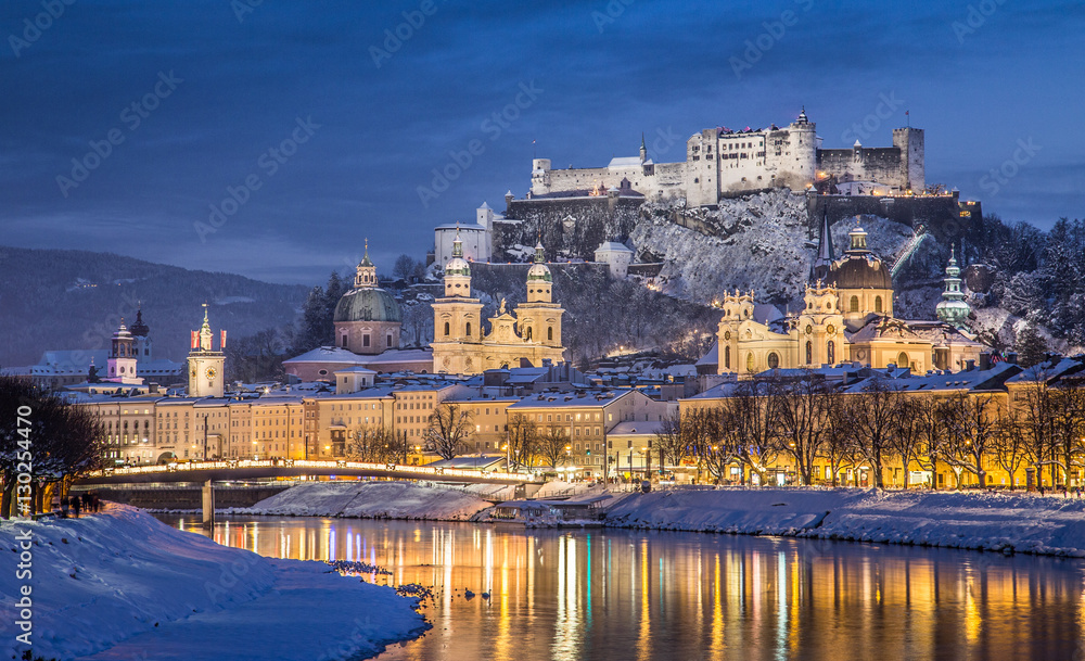 Classic view of Salzburg at Christmas time in winter, Austria