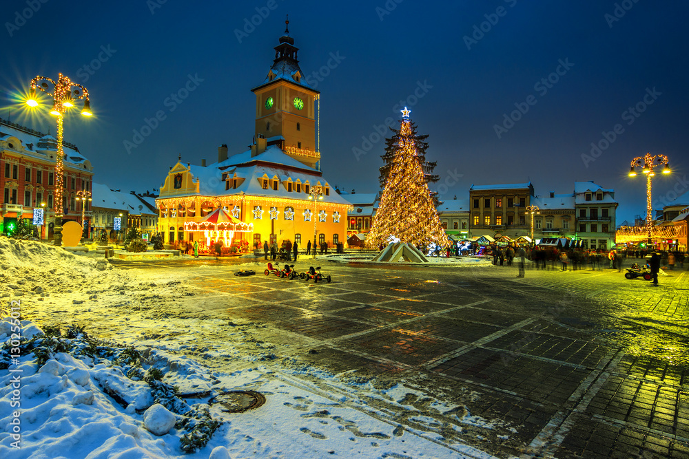 Christmas market with decorated tree in the city center,Brasov