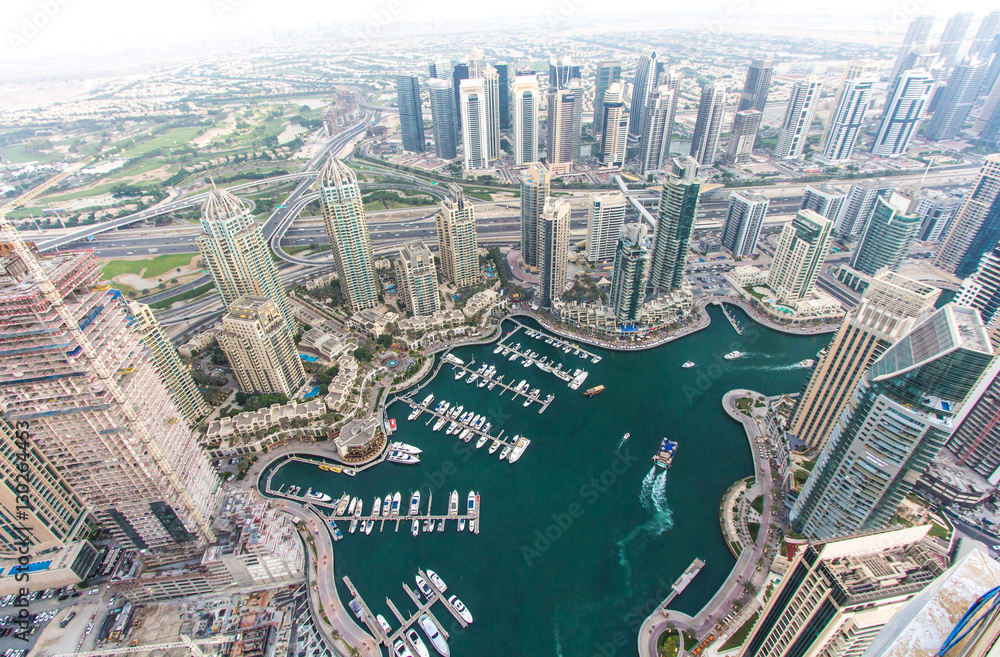 View of Dubai Marina district from a rooftop. Dubai, UAE.