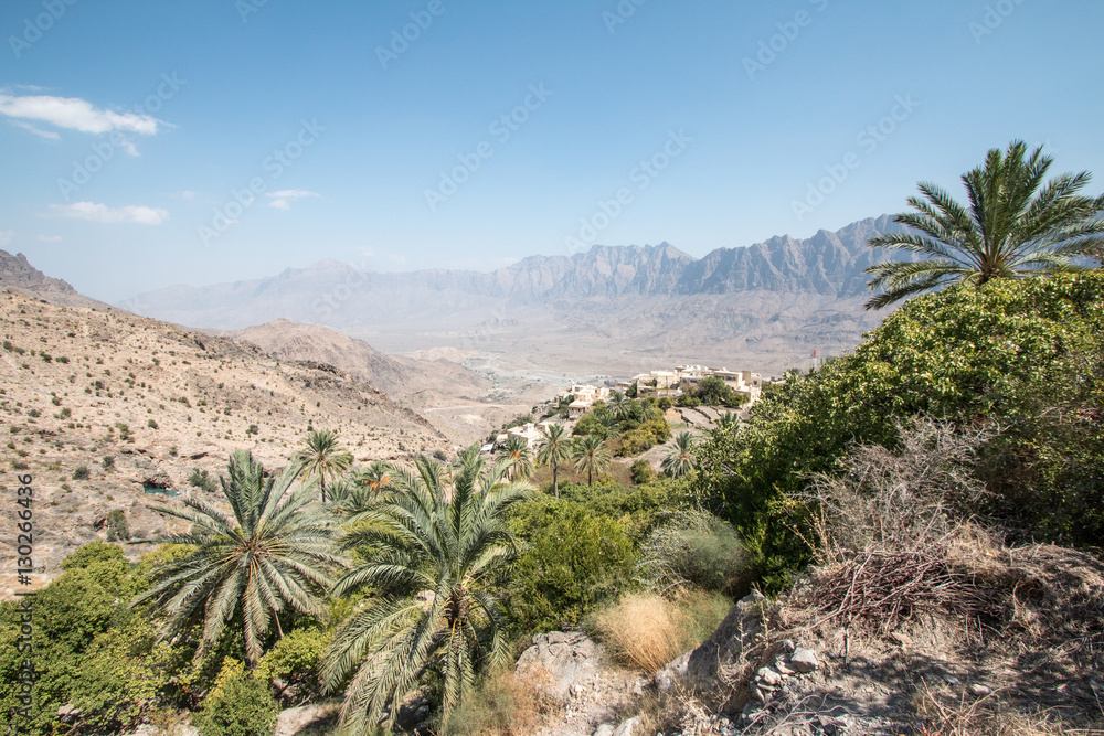 Valley view from Misfat Al Aberdeen village in Oman.