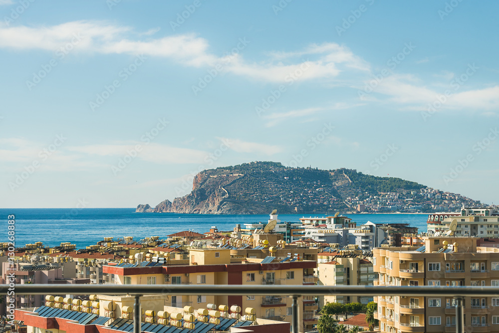 View over the castle hill of Alanya, Turkey, and Mediterranean sea from private balcony in Tosmur di